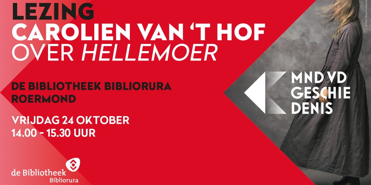 Een rode achtergrond met de afbeelding van de kaft van het boek Hellemoer en de gegevens over de lezing.